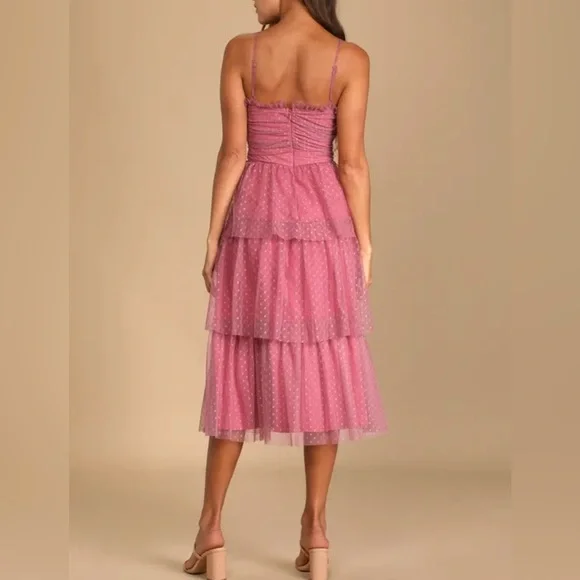 💗 Lulus Pink Tulle Polka Dot Midi Dress Size L Tiered Romantic Party NWT✨ - Picture 2 of 5